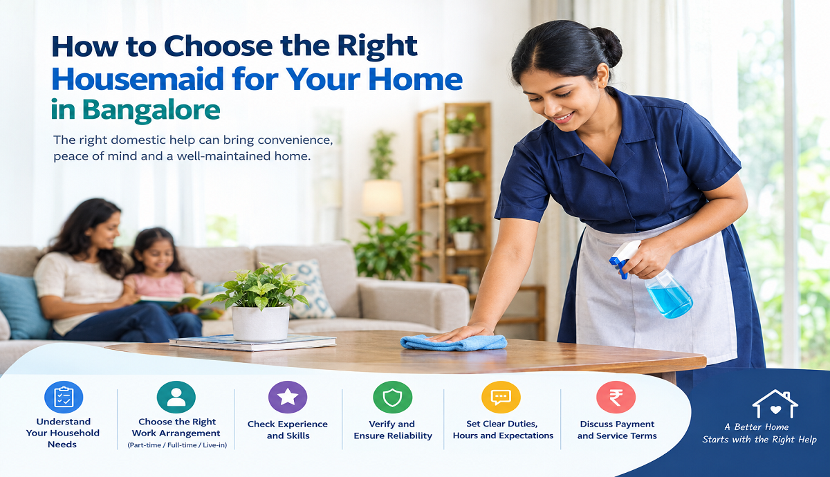 Professional housemaid cleaning a modern home while a family relaxes, illustrating house maid services in Bangalore